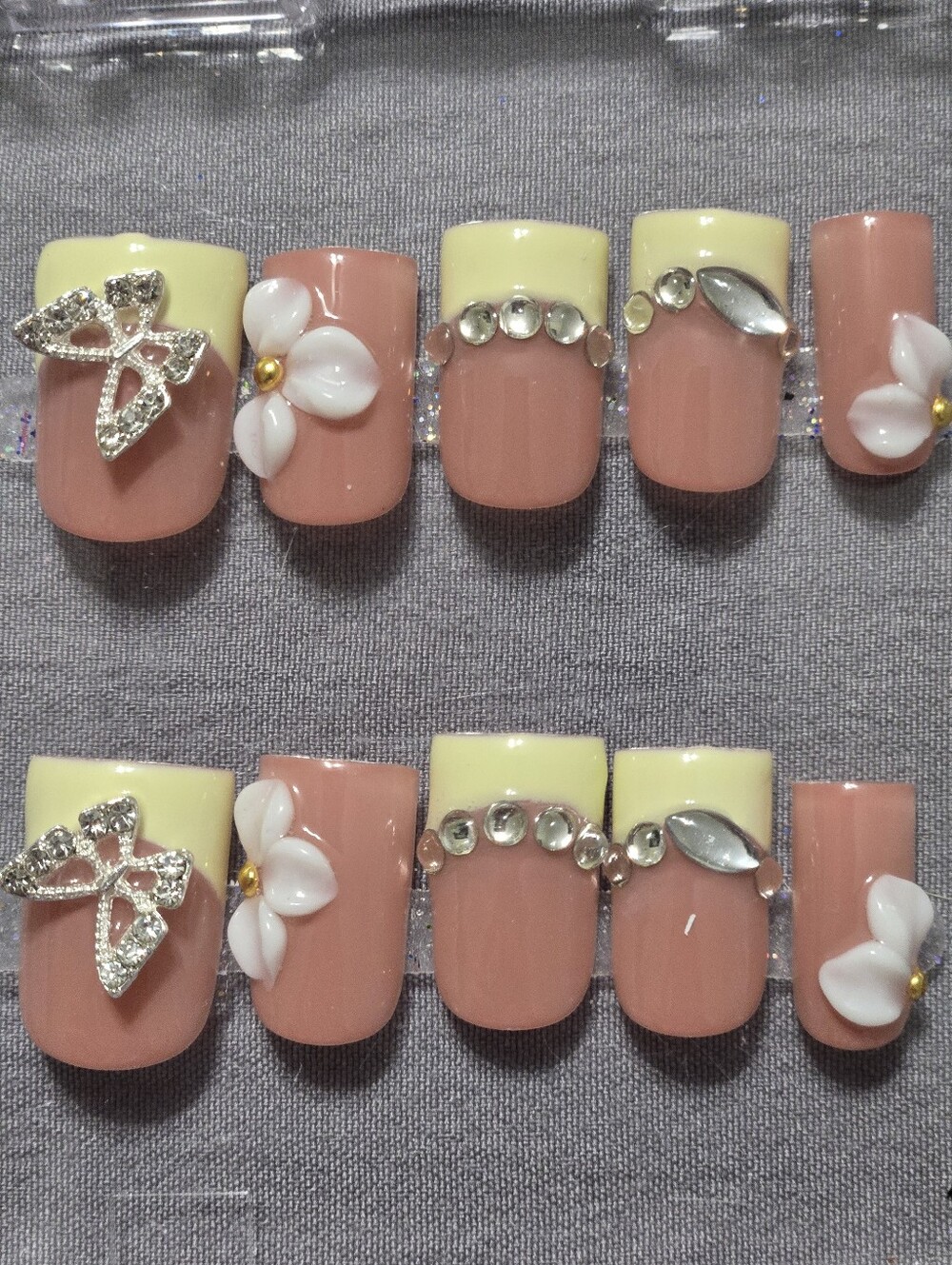 Yellow With Butterfly Decal Floral Rhinestone Press-On Nails